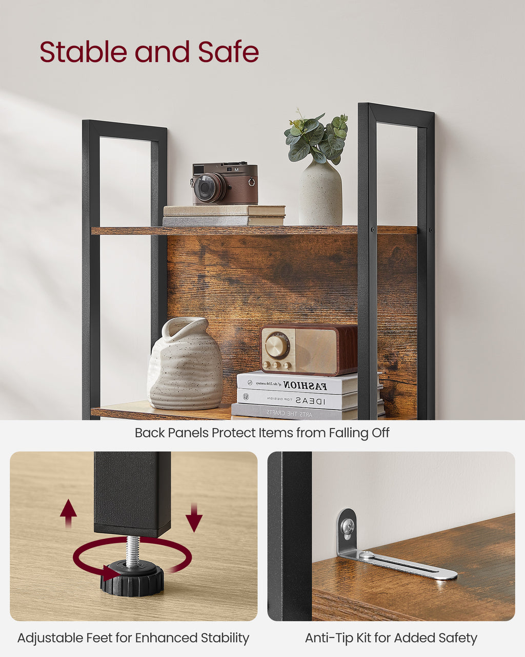 Rustic Brown 5-Tier Bookshelf with Steel Frame — view 3