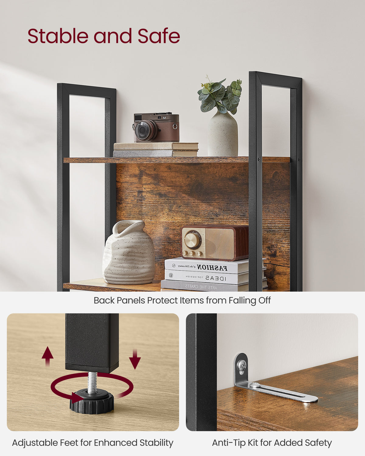Rustic Brown 5-Tier Bookshelf with Steel Frame — view 3