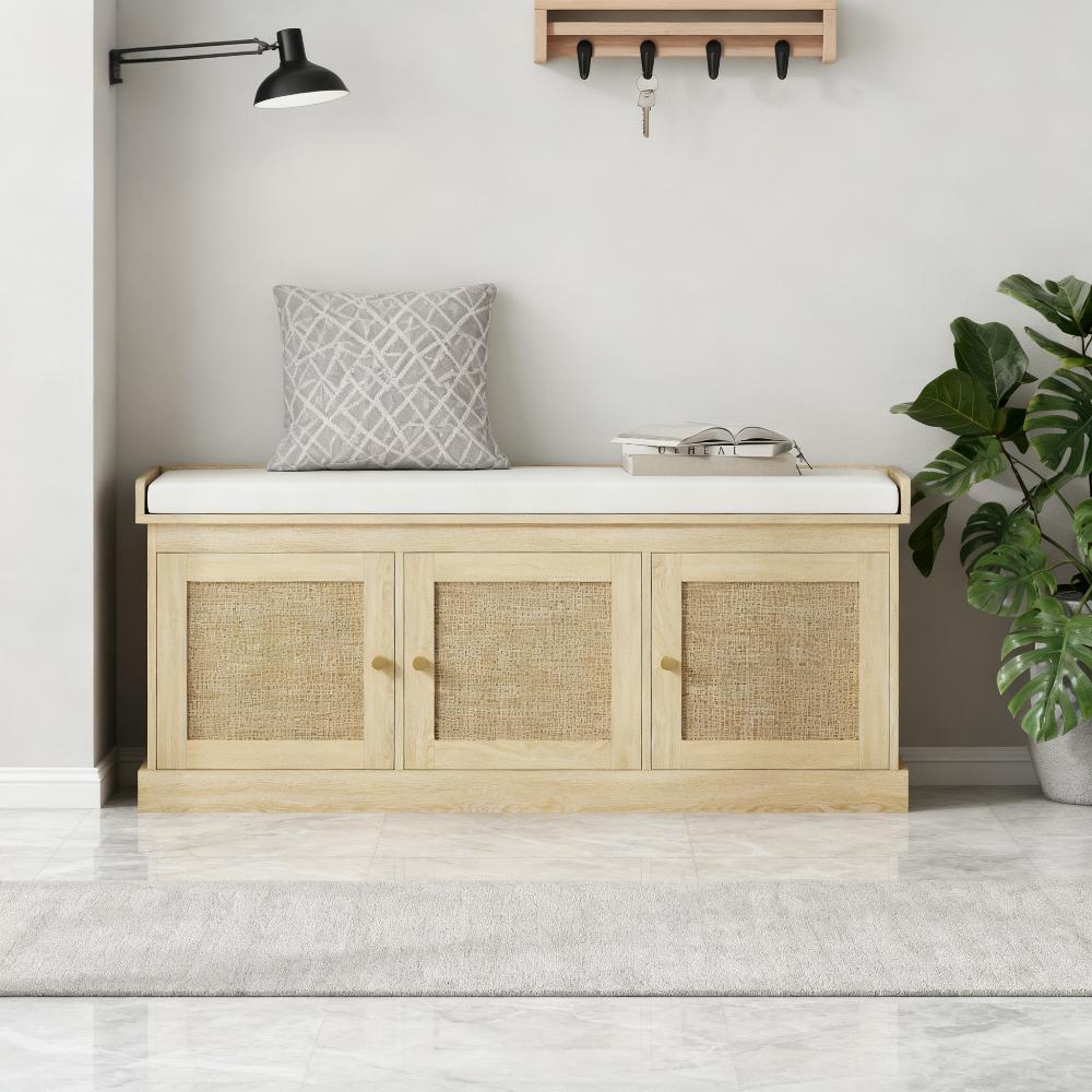 Oak-Tone Shoe Bench with Woven Doors and Cushion — view 4