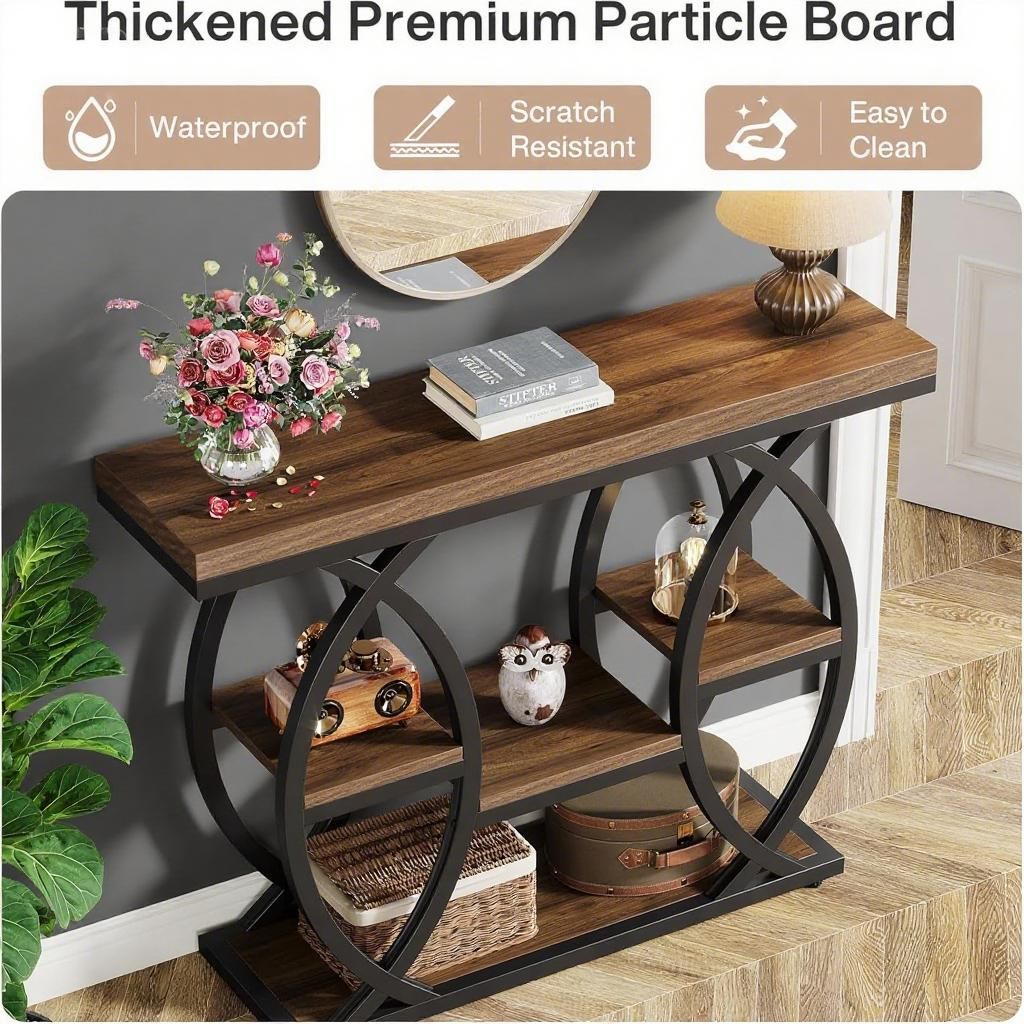 Rustic Four-Tier Entryway Console with Curved Metal Frame — view 3