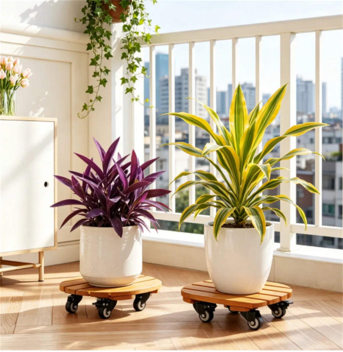Natural Acacia Rolling Plant Caddies — Set of 2 — view 7