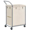 Beige 140L rolling laundry sorter with a removable bag and two sections