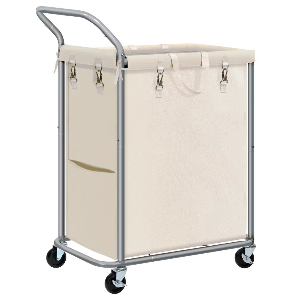 Beige 140L rolling laundry sorter with a removable bag and two sections