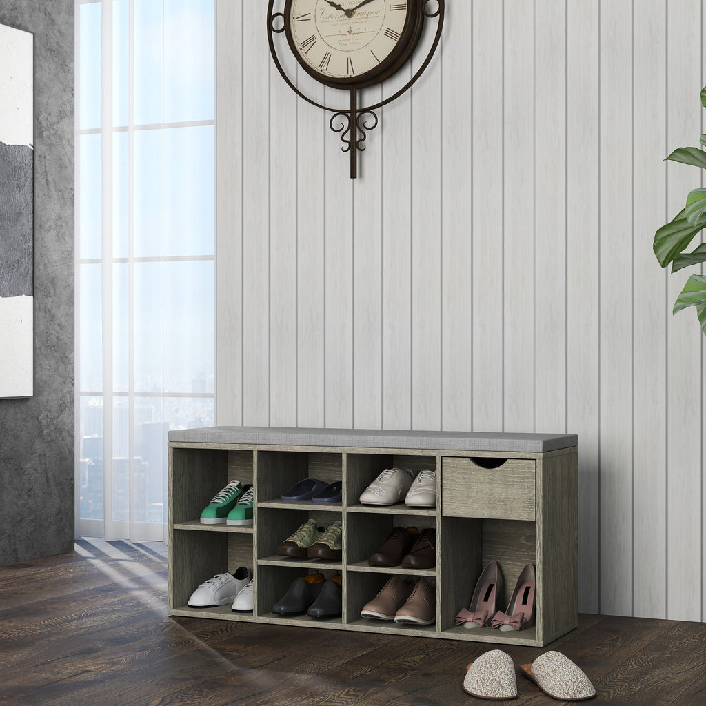 Gray Cushioned Shoe-Cubby Bench with Drawer — view 4