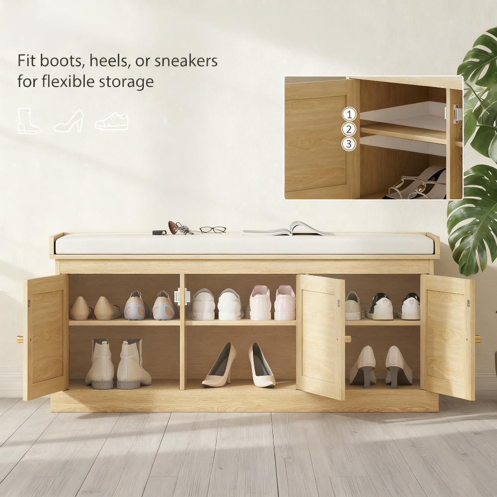 Oak-Tone Shoe Bench with Woven Doors and Cushion — view 2