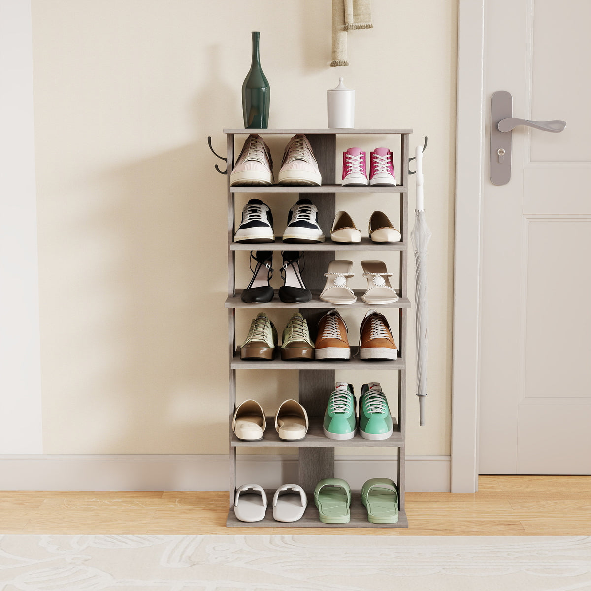 Rustic Gray Seven-Level Shoe Tower with Hooks — view 1