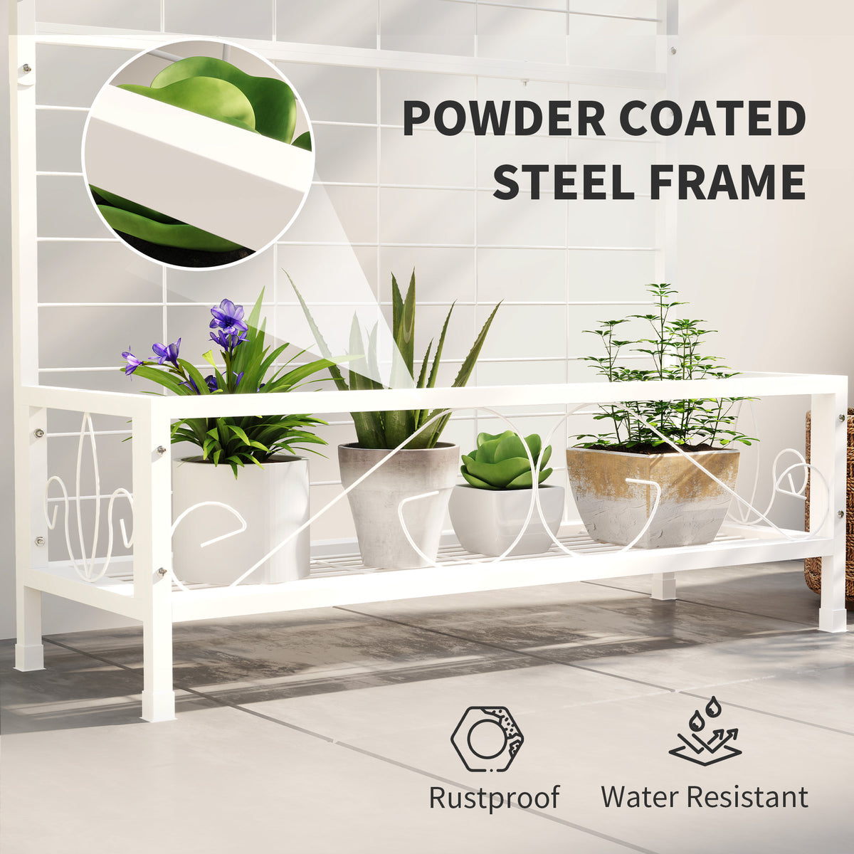 White Steel Plant Stand with Trellis and Hanging Bar — view 2