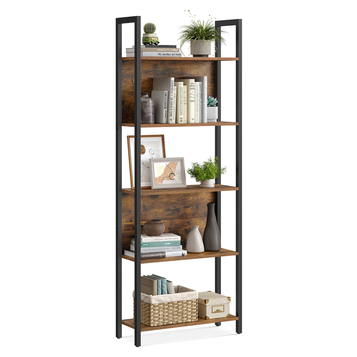 Rustic Brown 5-Tier Bookshelf with Steel Frame — view 1