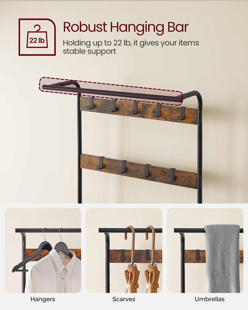 Rustic Brown Hall Tree with Shoe Bench and Nine Hooks — view 3