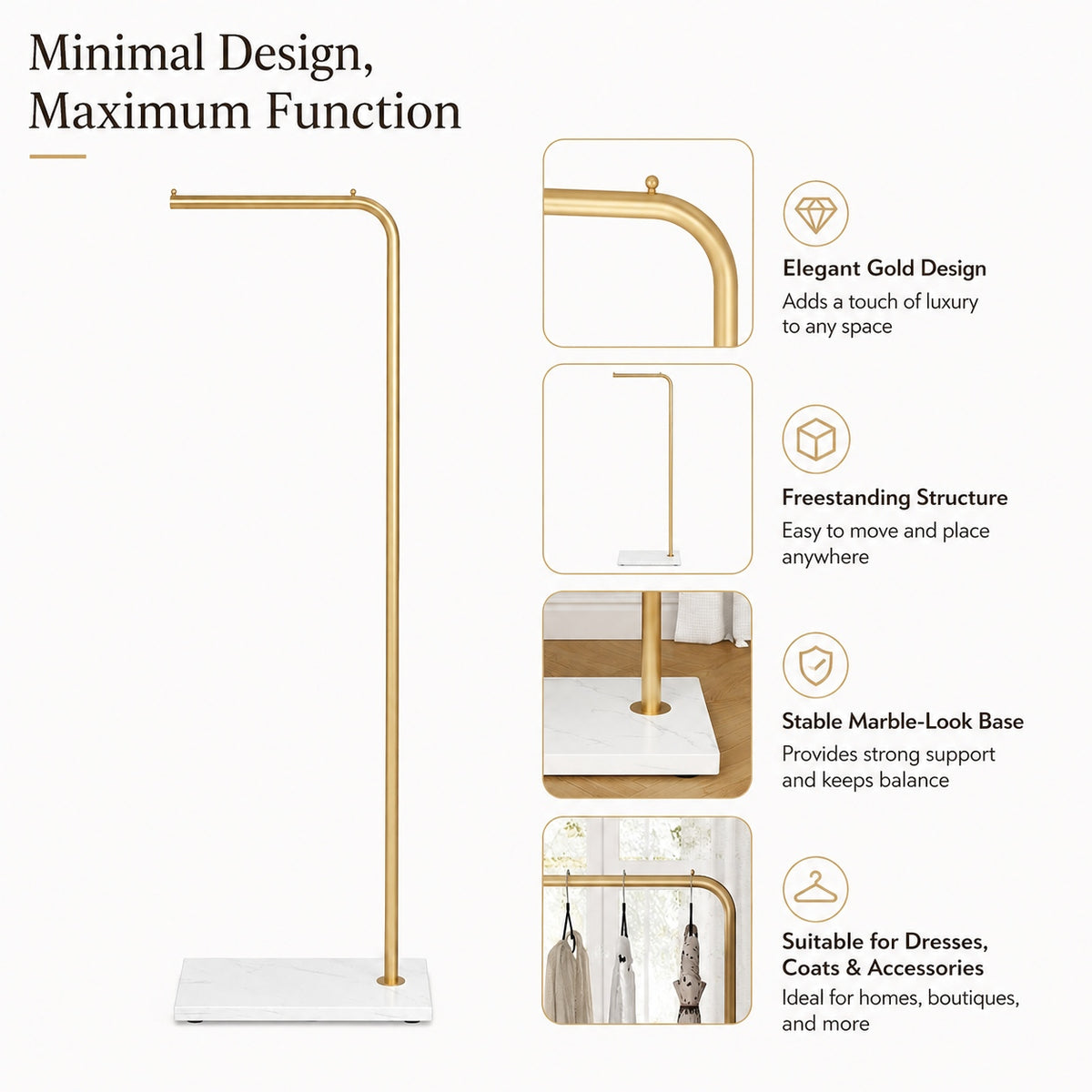 Gold-Tone Slim Garment Stand with White Base — view 5