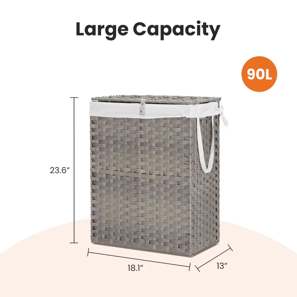 Gray 90L laundry hamper dimensions: 18.1 inches wide, 13 inches deep and 23.6 inches high