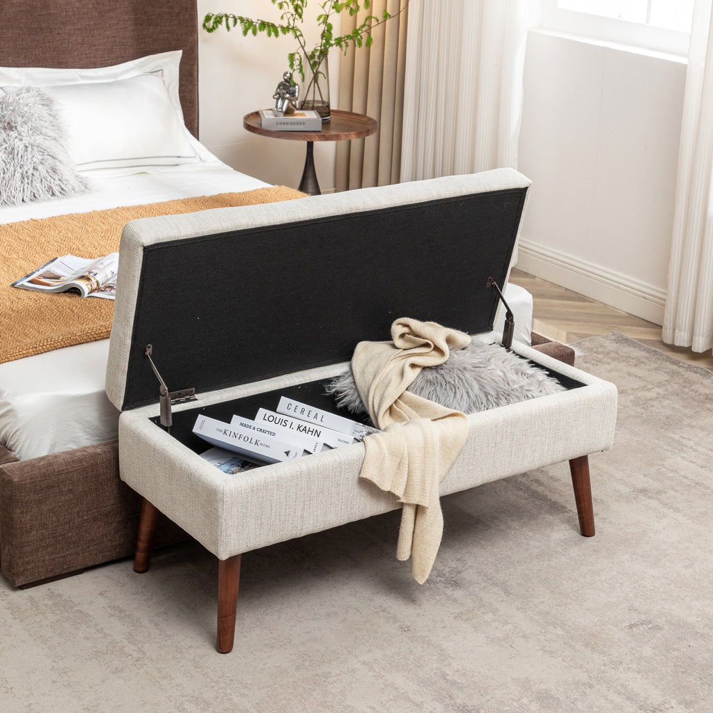 Ivory Upholstered Storage Bench with Wood Legs — view 5