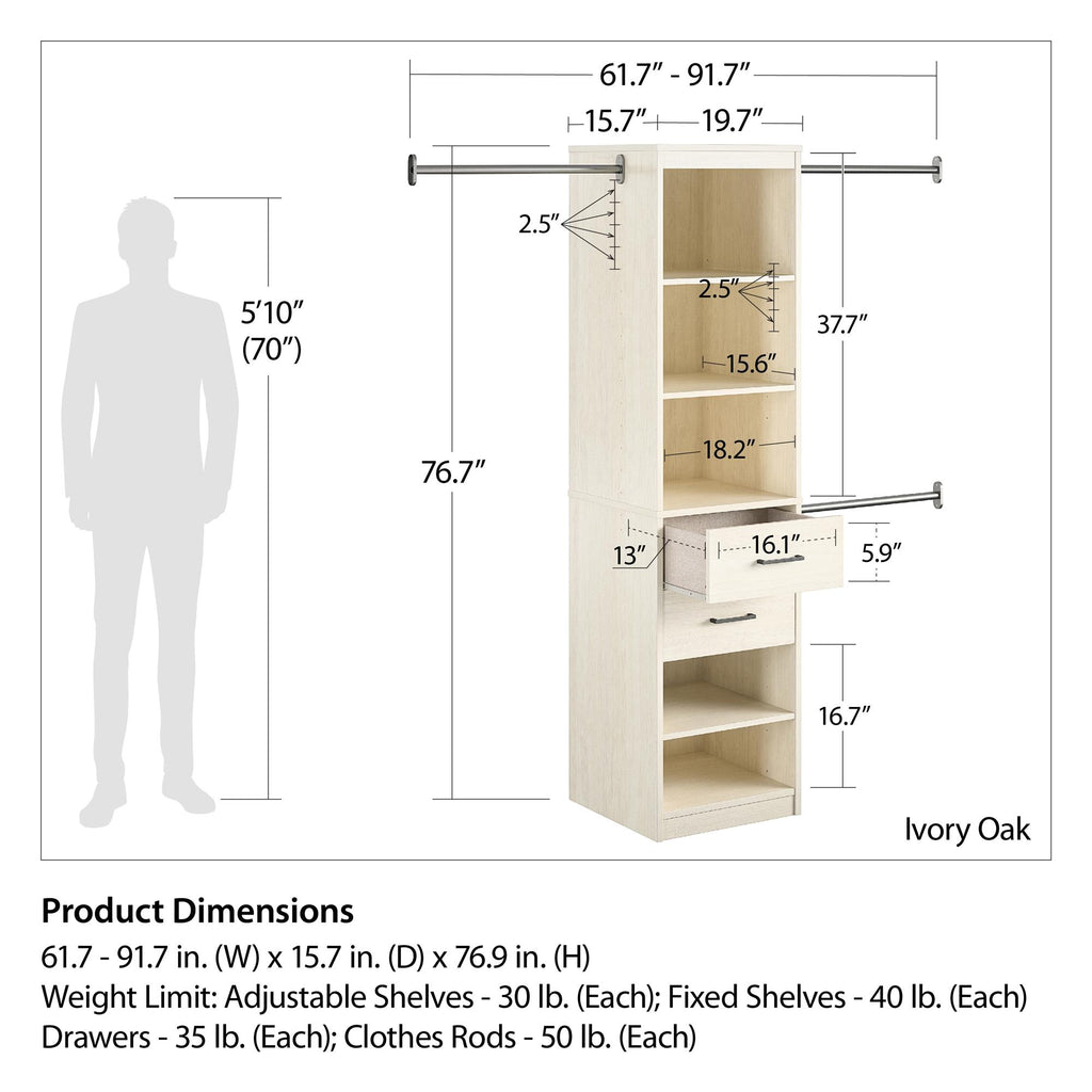 Ivory Closet Tower with Drawers and Adjustable Hanging Rods — view 5