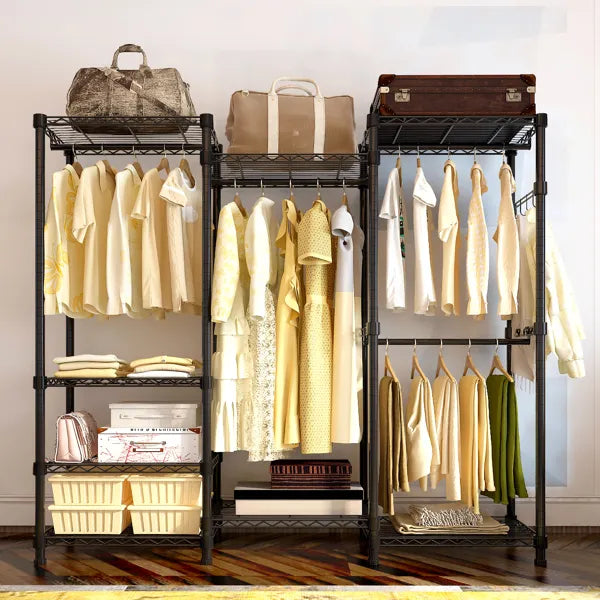 Black Modular Wire Closet with Hanging Rods and Shelves — view 2