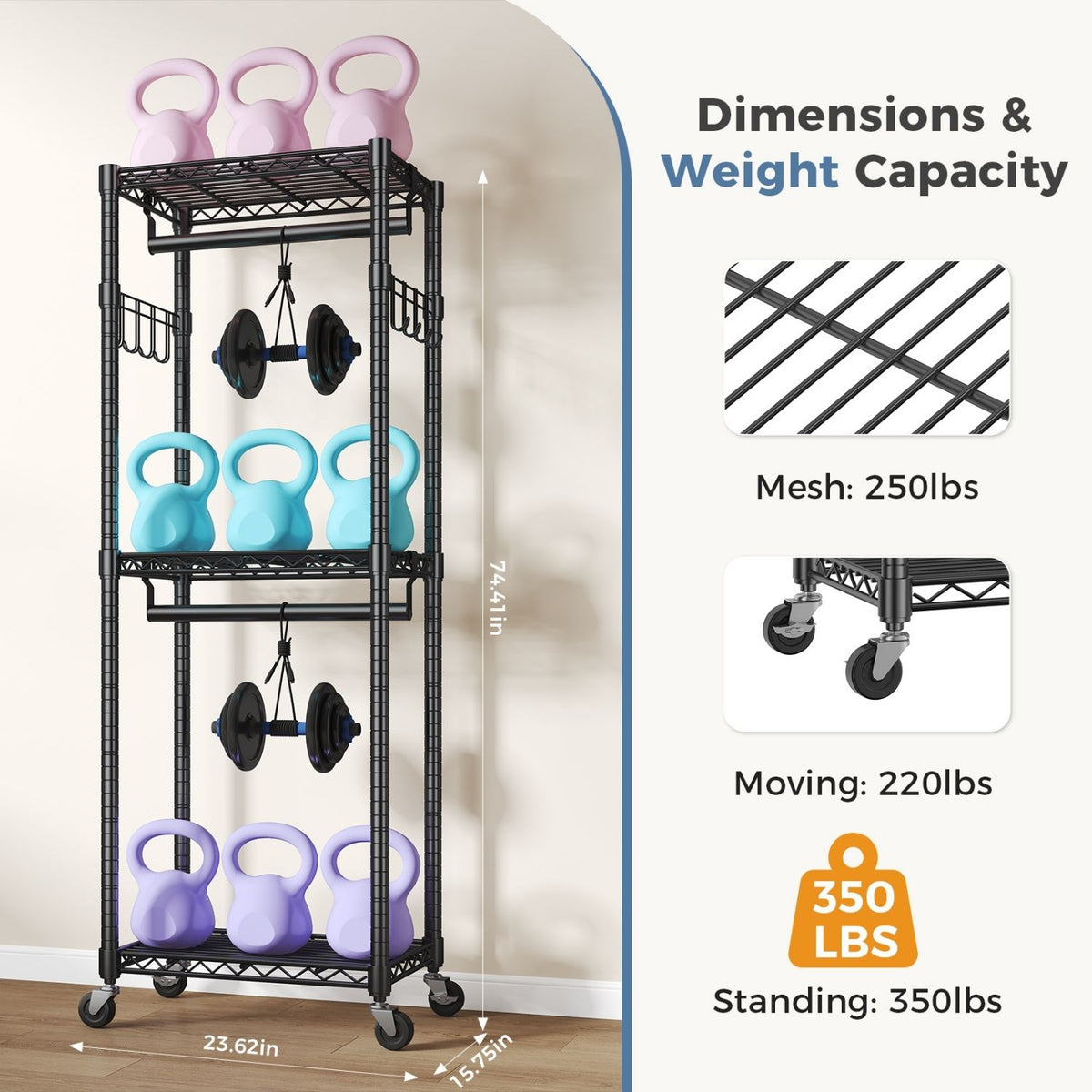 Black Rolling Double-Rod Garment Rack with Shelves — view 4