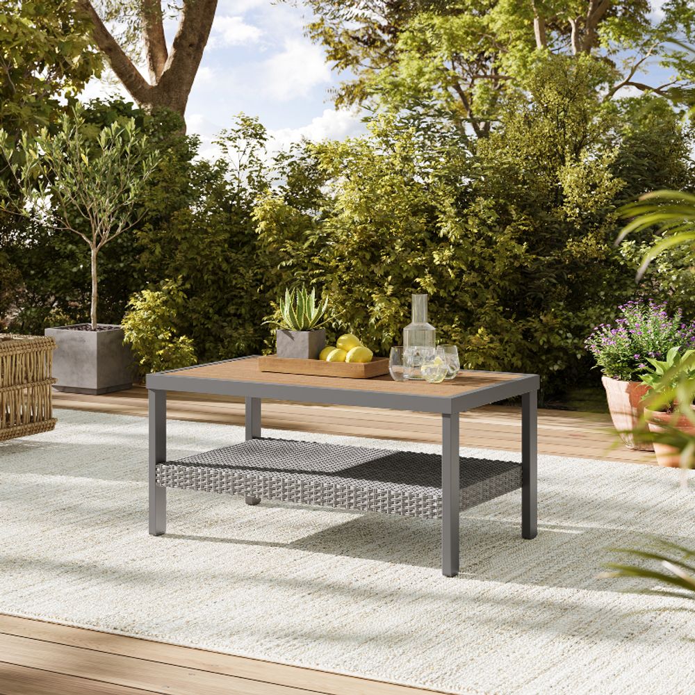 Gray Coffee Table with Woven Storage Shelf — view 4