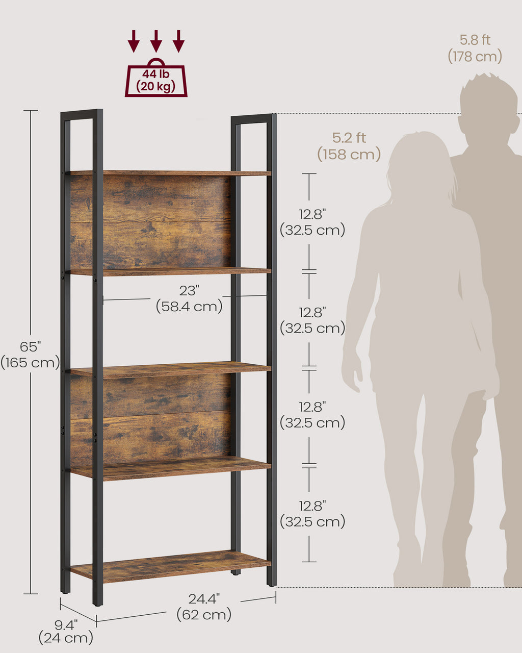 Rustic Brown 5-Tier Bookshelf with Steel Frame — view 2