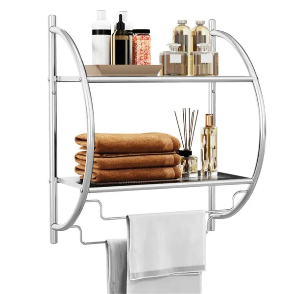 Silver wall-mounted bathroom rack with two mesh shelves and two towel bars