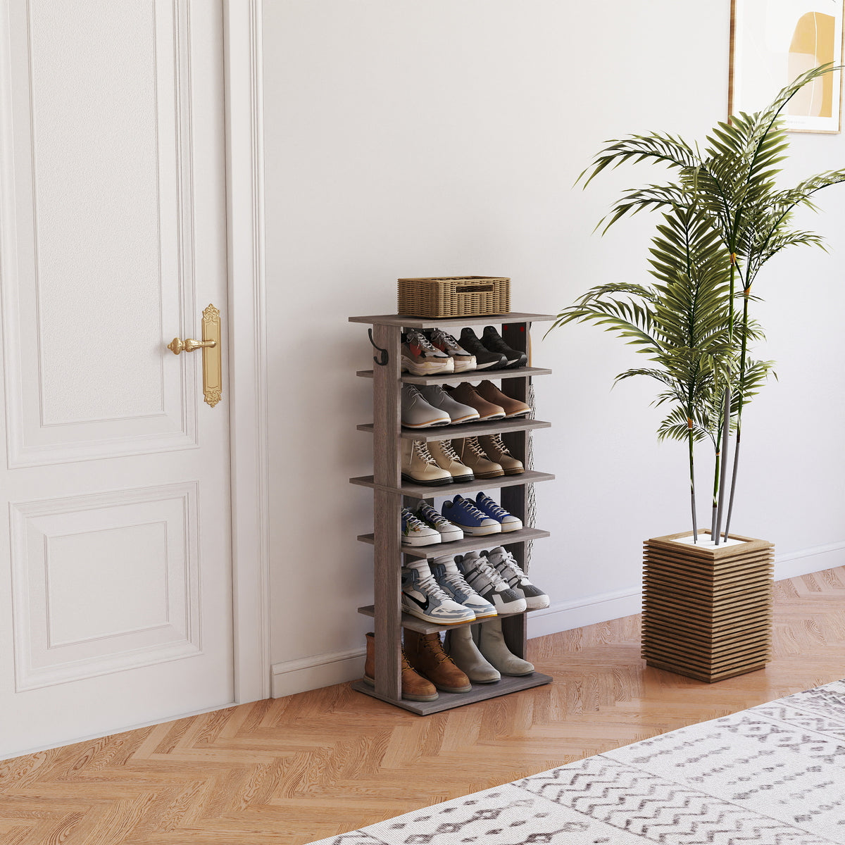 Rustic Gray Seven-Level Shoe Tower with Hooks — view 4