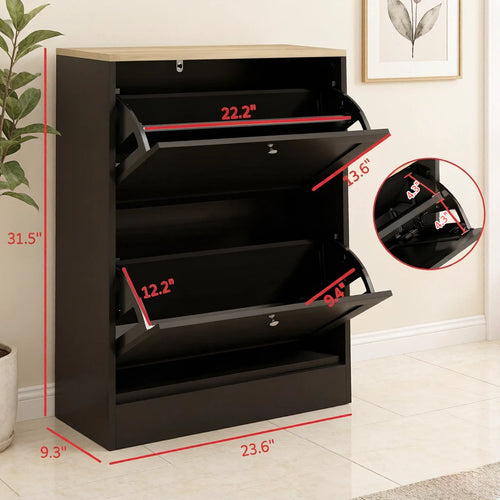 Black and Oak-Look Slim Two-Drawer Shoe Cabinet — view 2