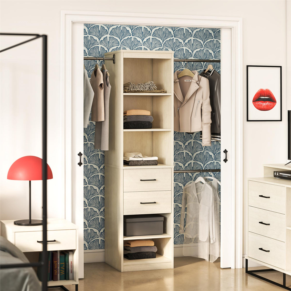 Ivory Closet Tower with Drawers and Adjustable Hanging Rods — view 9
