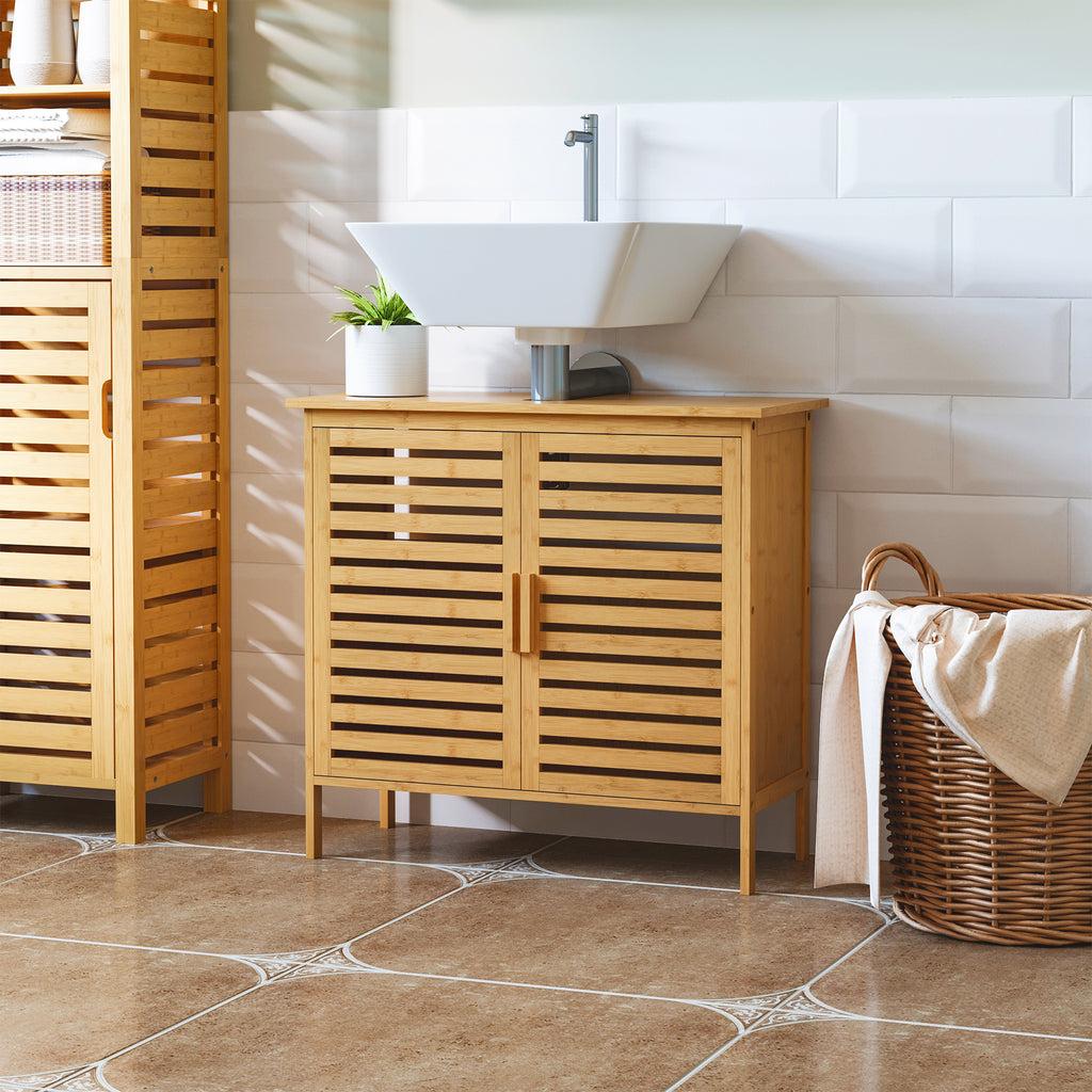 Natural Bamboo Under-Sink Cabinet with Slatted Doors — view 4