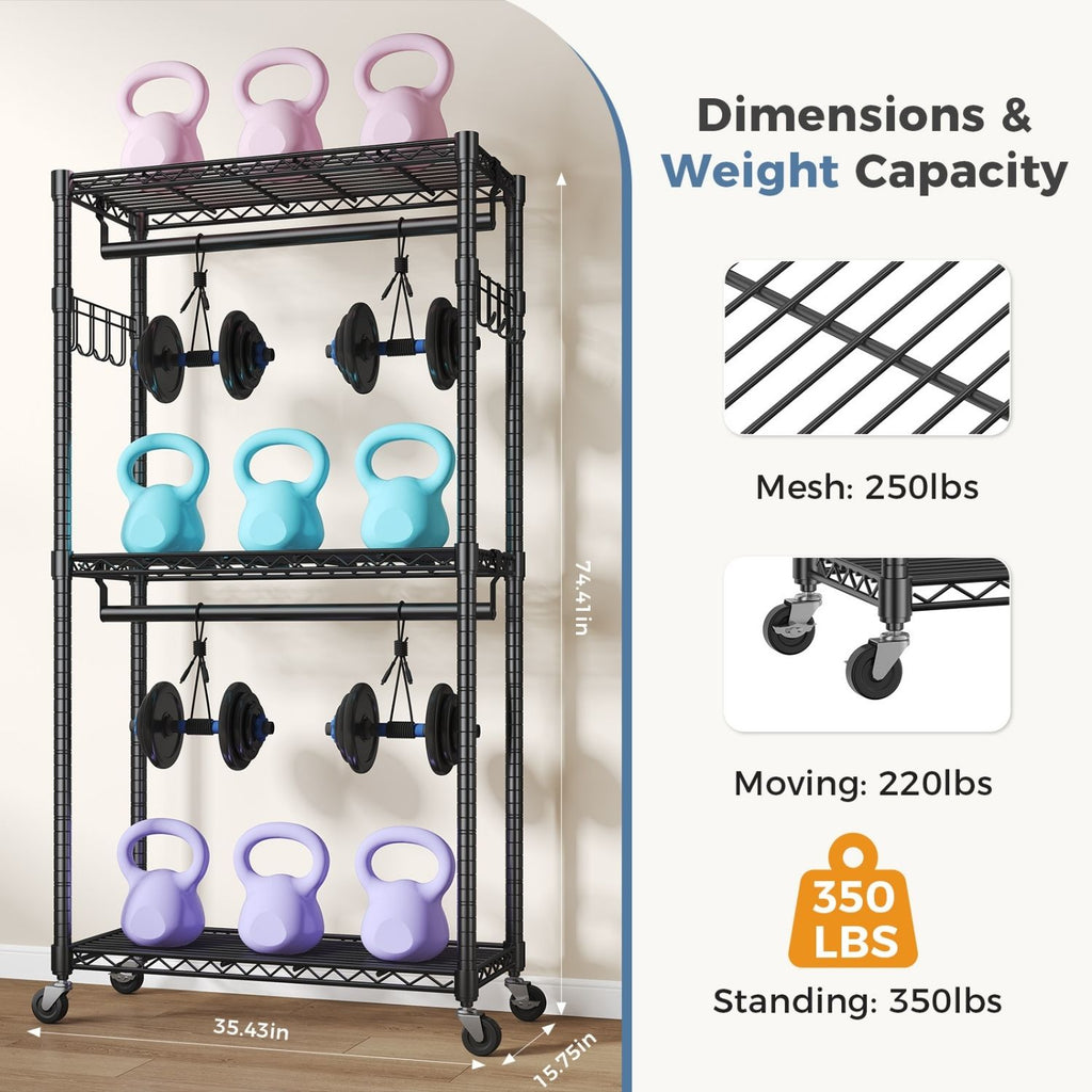 Black Rolling Double-Rod Garment Rack with Shelves — view 3