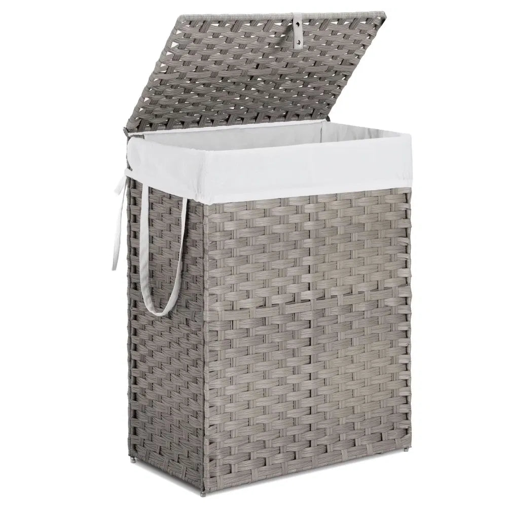 Gray 90L woven synthetic-rattan laundry hamper with lid