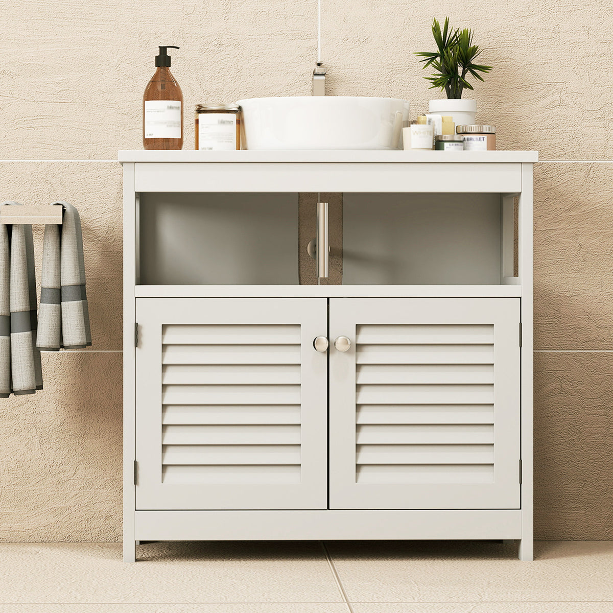 White Under-Sink Cabinet with Open Shelf — view 2