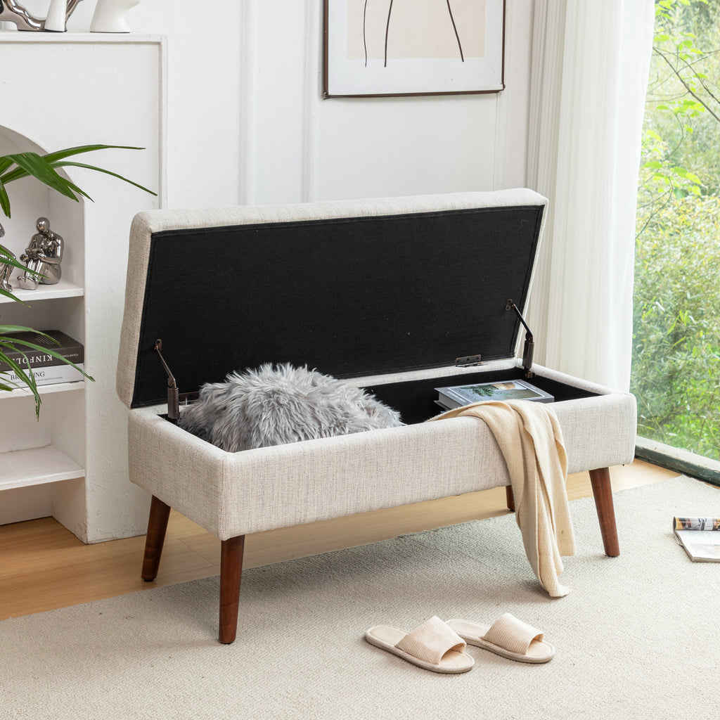 Ivory Upholstered Storage Bench with Wood Legs — view 2