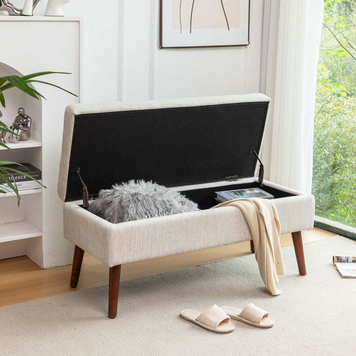 Ivory Upholstered Storage Bench with Wood Legs — view 2