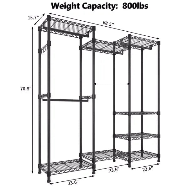Black Modular Wire Closet with Hanging Rods and Shelves — view 4