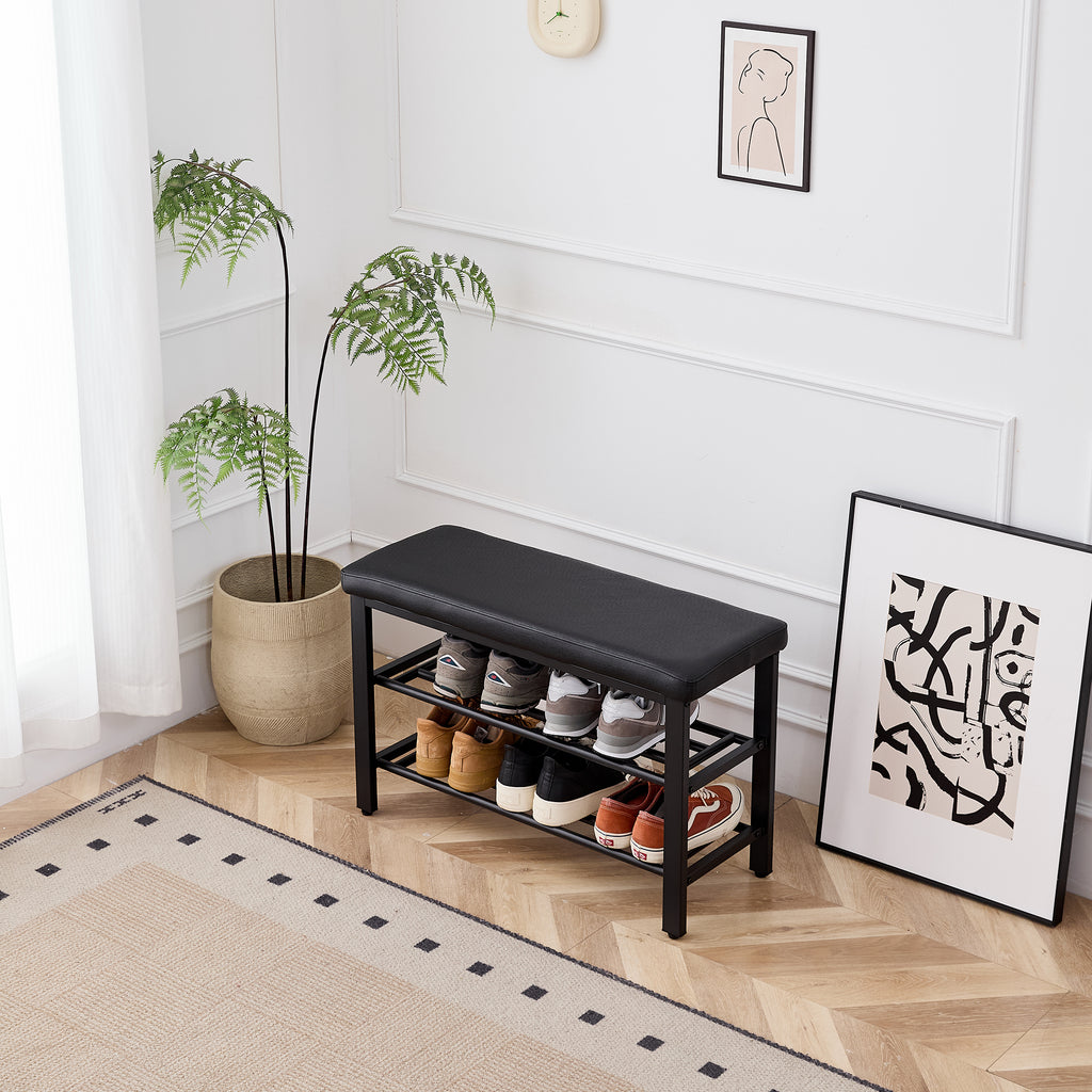 Black Cushioned Shoe Bench with Two Mesh Shelves — view 3