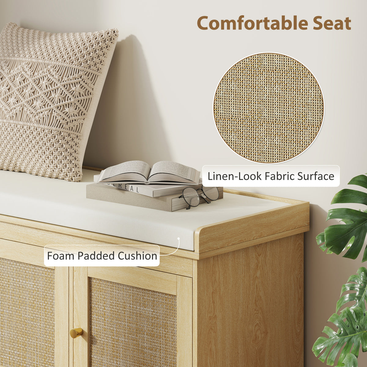 Oak-Tone Shoe Bench with Woven Doors and Cushion — view 6