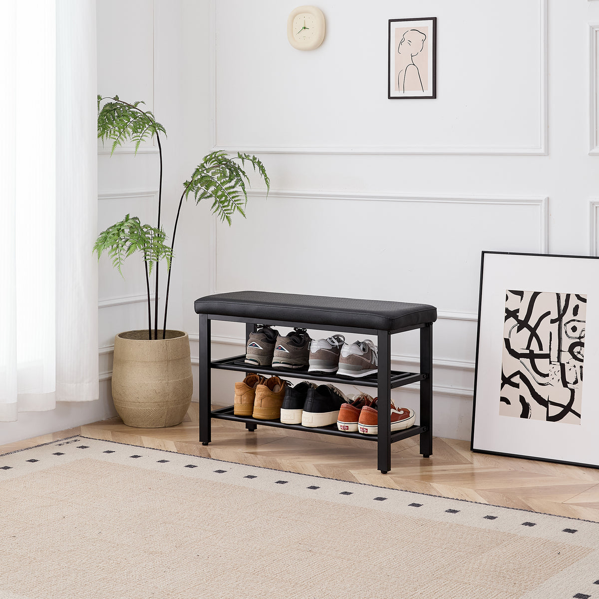 Black Cushioned Shoe Bench with Two Mesh Shelves — view 1