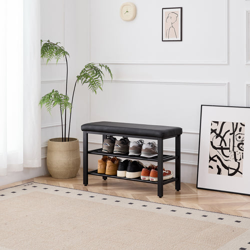 Black Cushioned Shoe Bench with Two Mesh Shelves — view 1