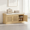 Oak-Tone Shoe Bench with Woven Doors and Cushion — view 1