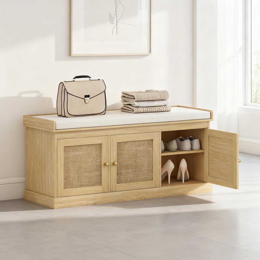 Oak-Tone Shoe Bench with Woven Doors and Cushion — view 1