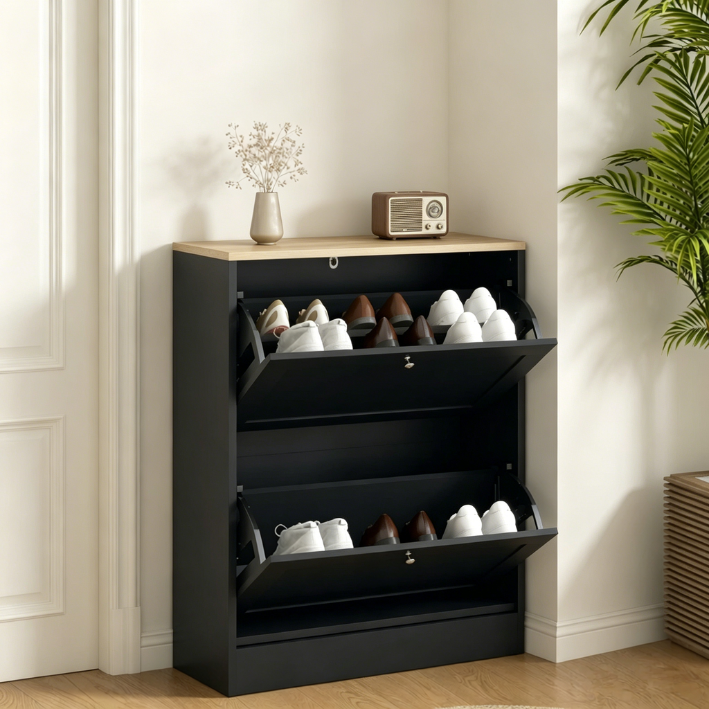Black and Oak-Look Slim Two-Drawer Shoe Cabinet — view 8