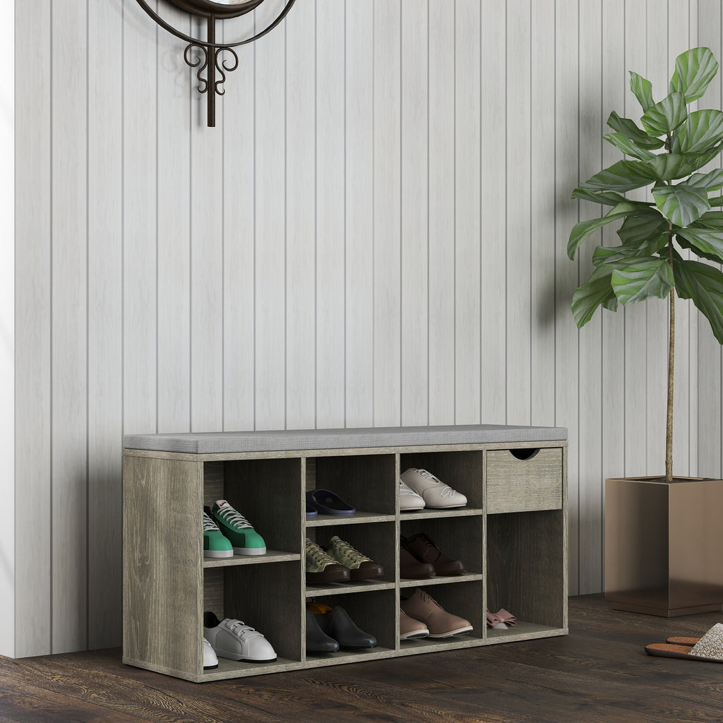 Gray Cushioned Shoe-Cubby Bench with Drawer — view 5