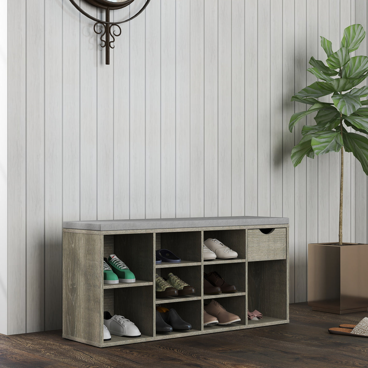 Gray Cushioned Shoe-Cubby Bench with Drawer — view 5