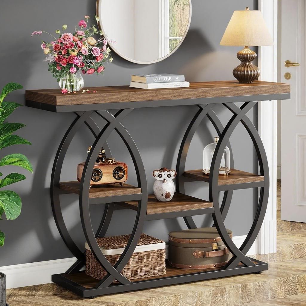 Rustic Four-Tier Entryway Console with Curved Metal Frame — view 5