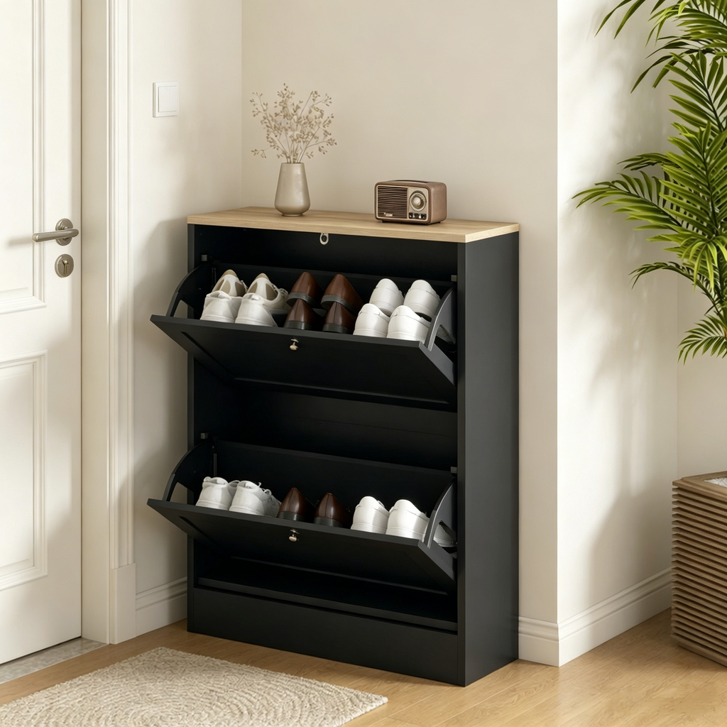 Black and Oak-Look Slim Two-Drawer Shoe Cabinet — view 4