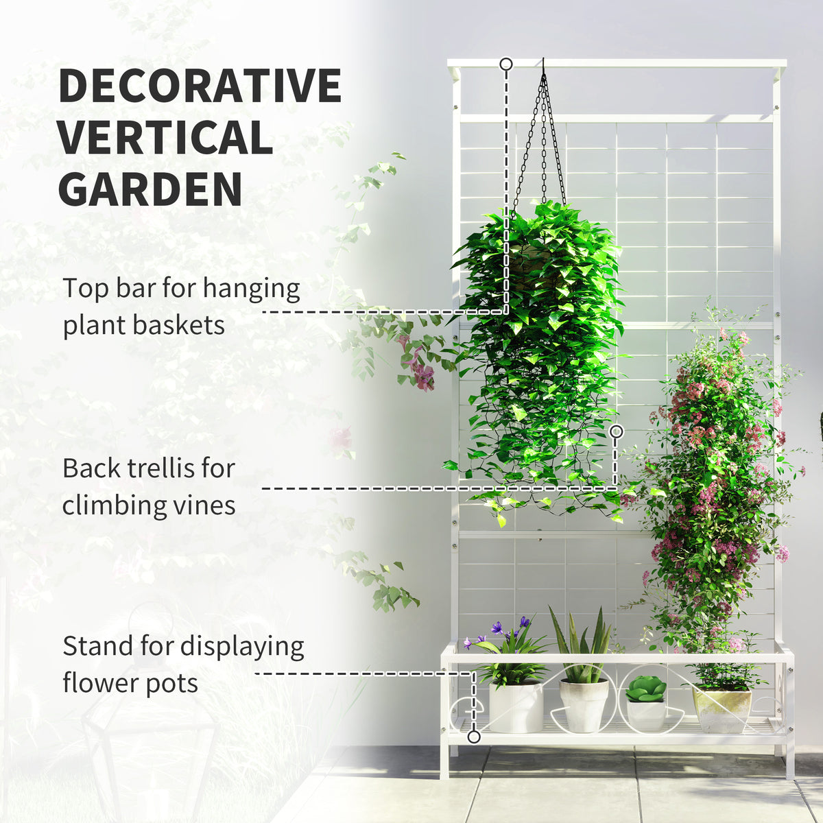 White Steel Plant Stand with Trellis and Hanging Bar — view 3