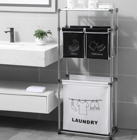 3-Bag Laundry Sorter with Shelf and Hooks