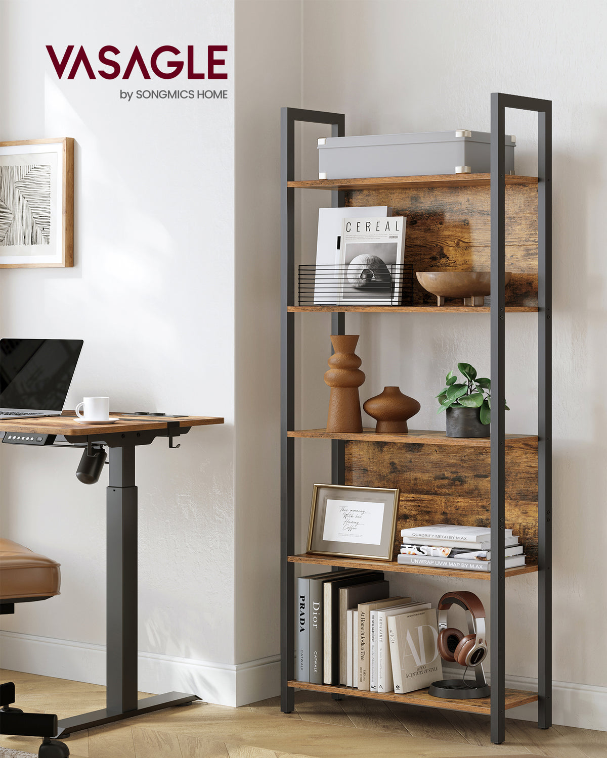 Rustic Brown 5-Tier Bookshelf with Steel Frame — view 4