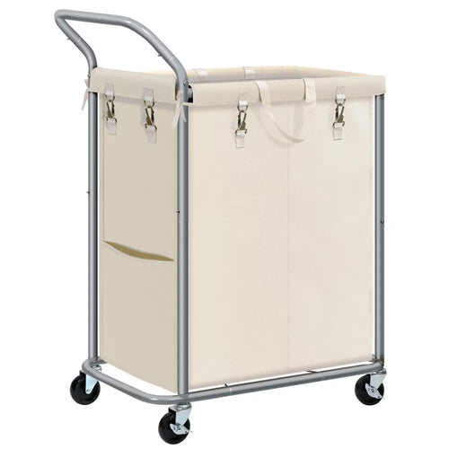 Beige 140L rolling laundry sorter with a removable bag and two sections