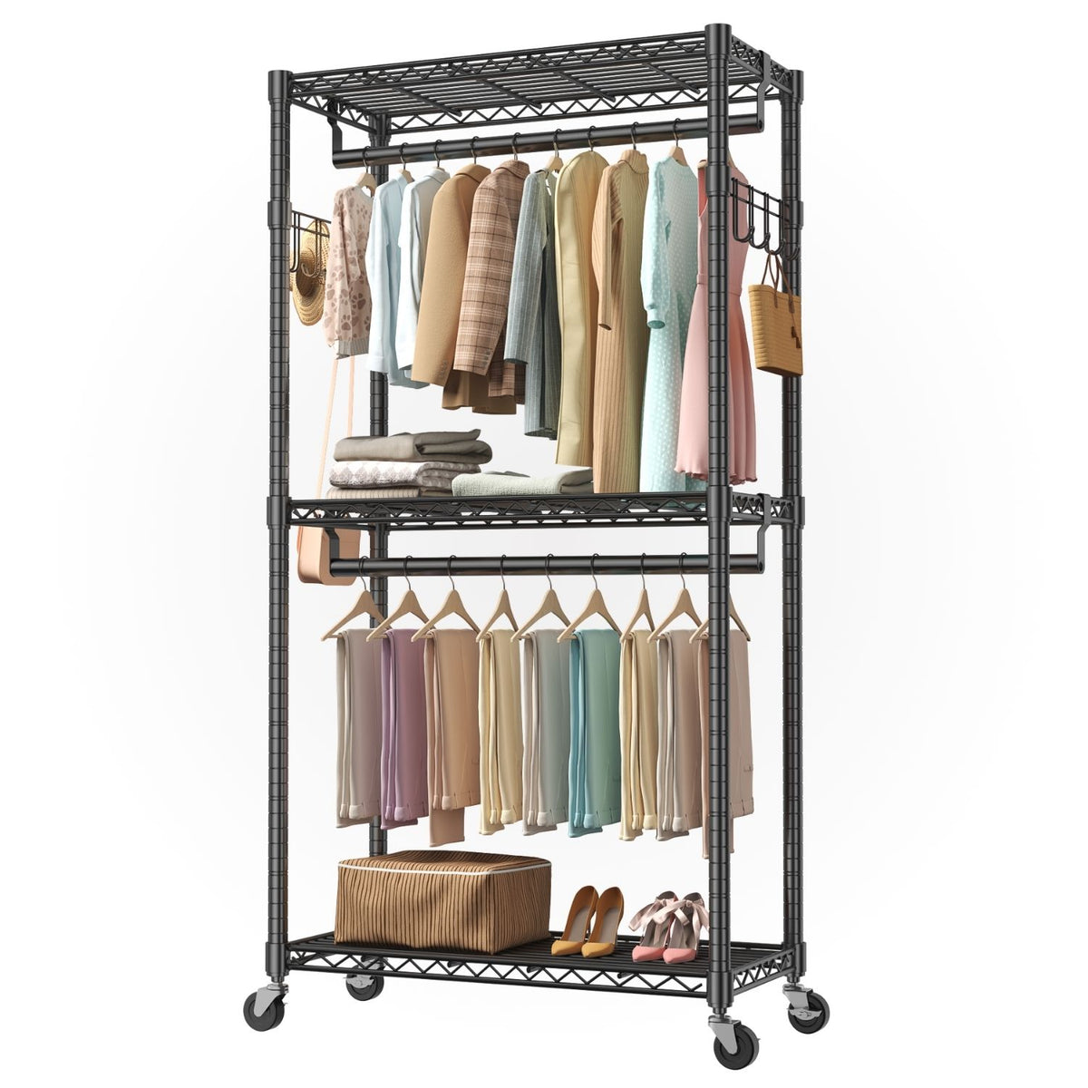 Black Rolling Double-Rod Garment Rack with Shelves — view 2