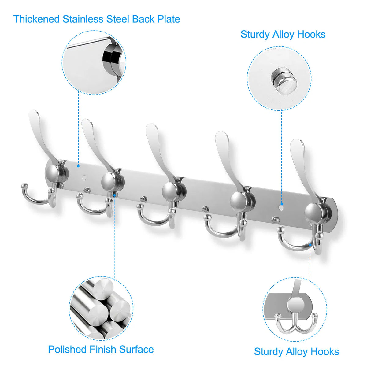 15-Hook Stainless Steel Wall Rack