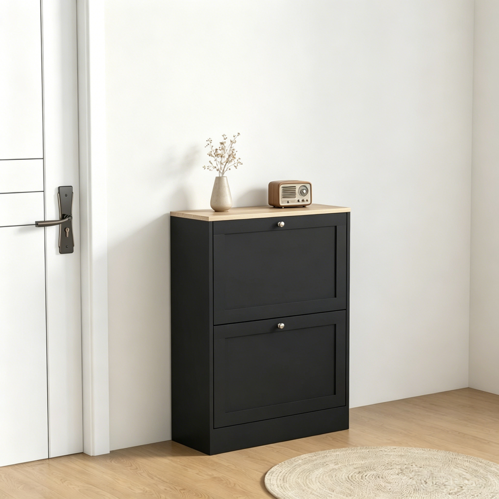 Black and Oak-Look Slim Two-Drawer Shoe Cabinet — view 7